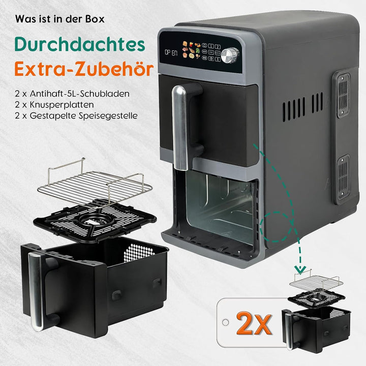 10L Double Stack XL airfryer Heissluftfritteuse | 2400W heissluftfritteuse 2 kammern | Gleichmässige