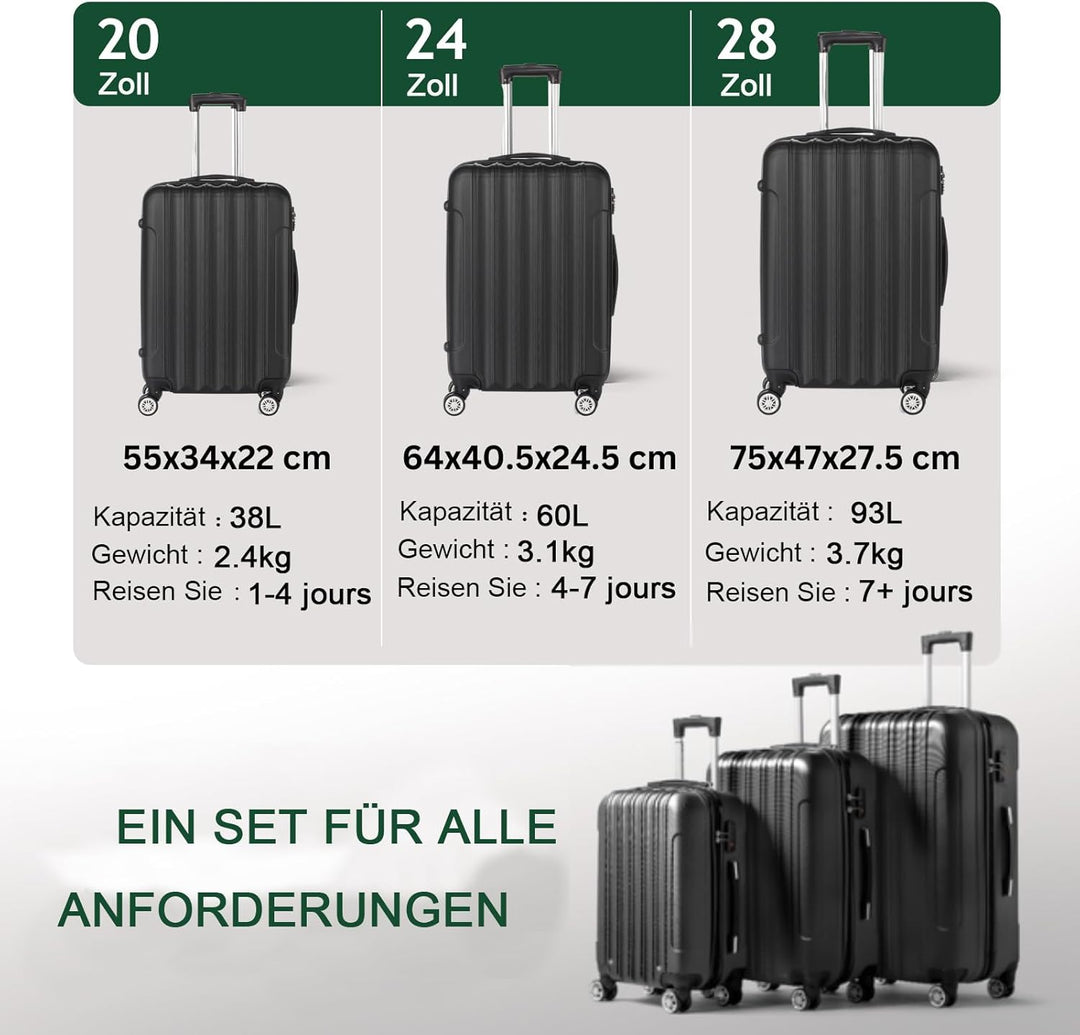LEADZM 3er Kofferset Rollkoffer Hartschalen Reisekoffer Trolley Set Handgepäck 4 Rollen (Schwarz)