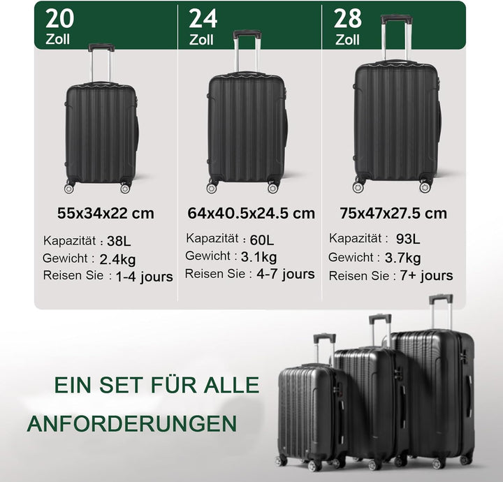 LEADZM 3er Kofferset Rollkoffer Hartschalen Reisekoffer Trolley Set Handgepäck 4 Rollen (Schwarz)