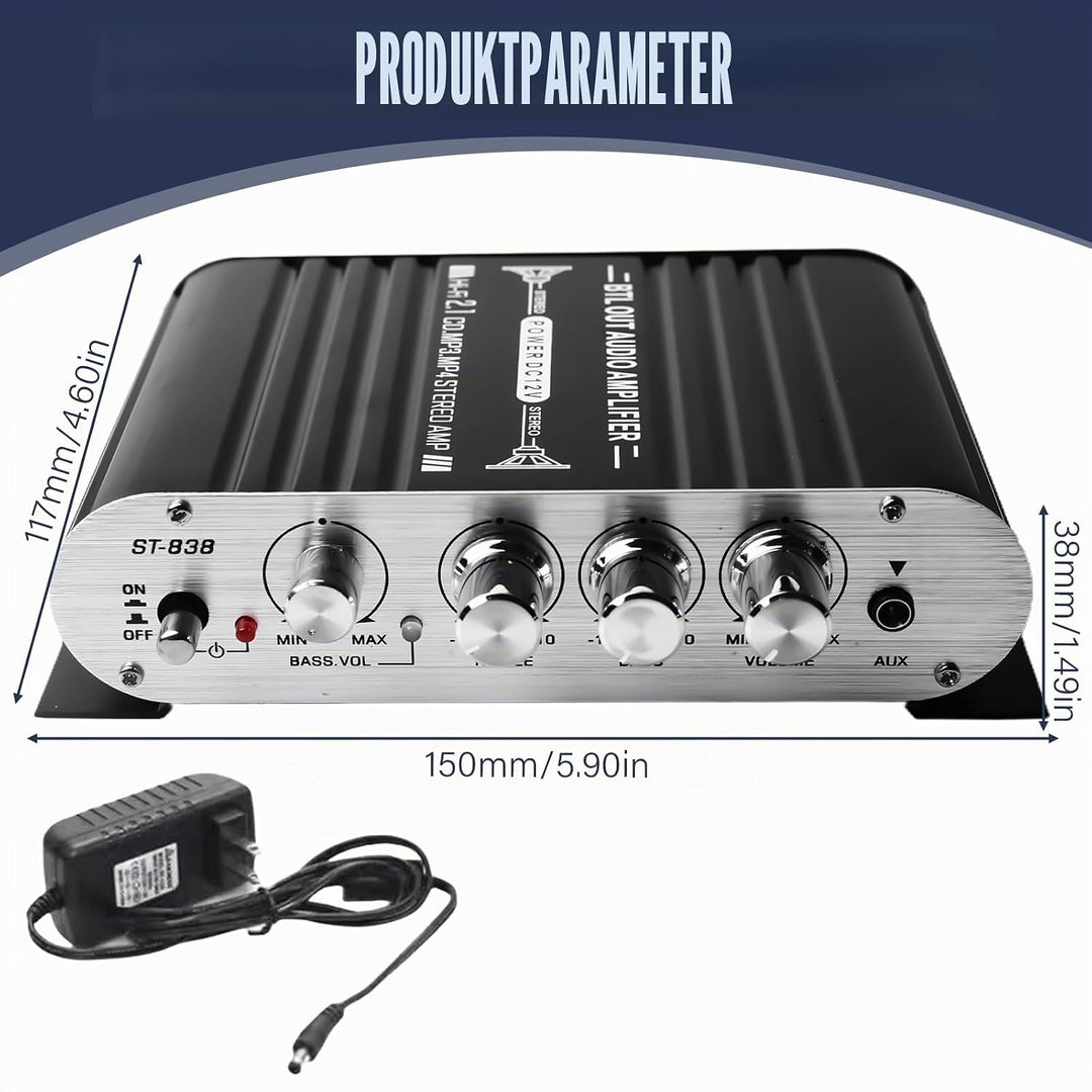 Leikurvo HiFi-Verstärker, 2.1CH Stereo Verstärker, RMS 20Wx2+40W ST-838 Mini Hifi Verstärker Subwoof