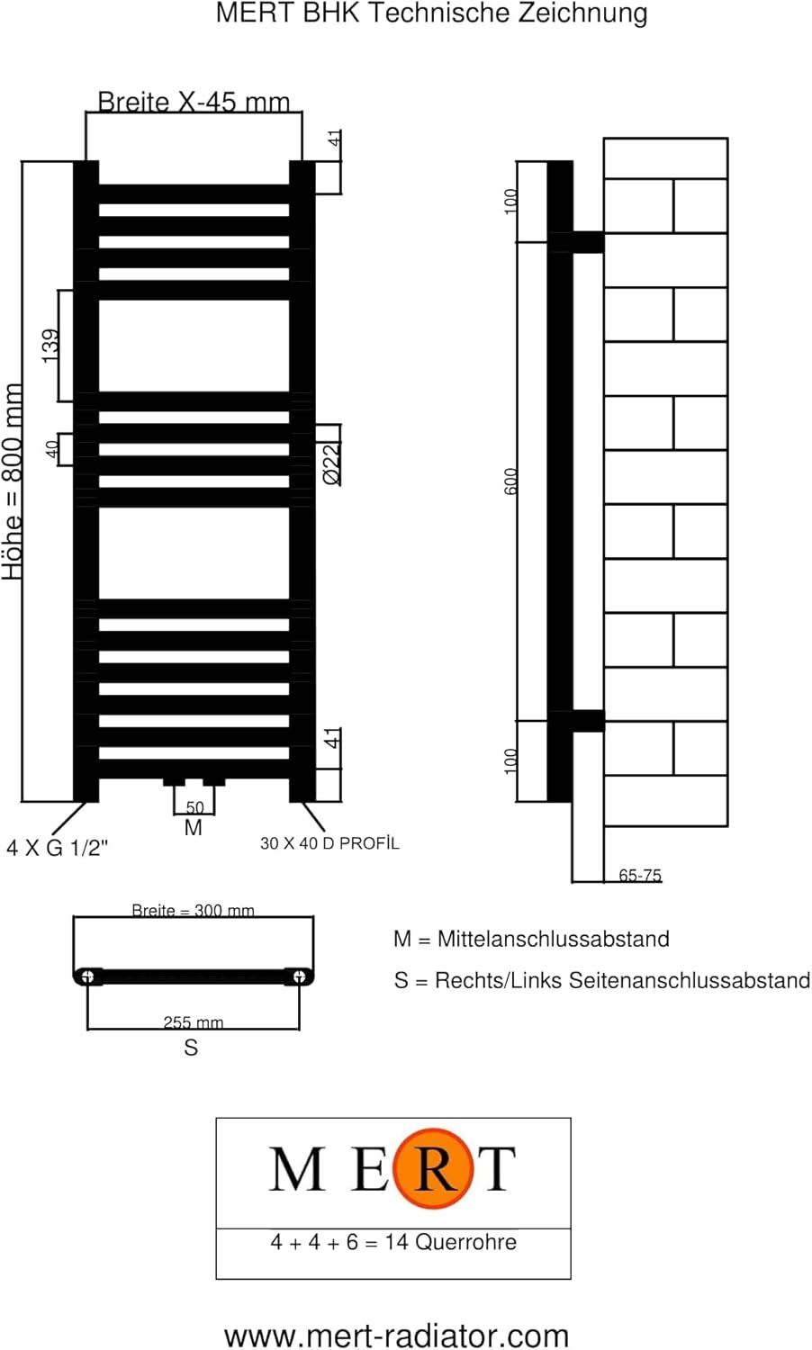 Badheizkörper Handtuchheizkörper mit Mittelanschluss weiss gerade 300x800 mm Stahl 30x80, Stahl 30x8