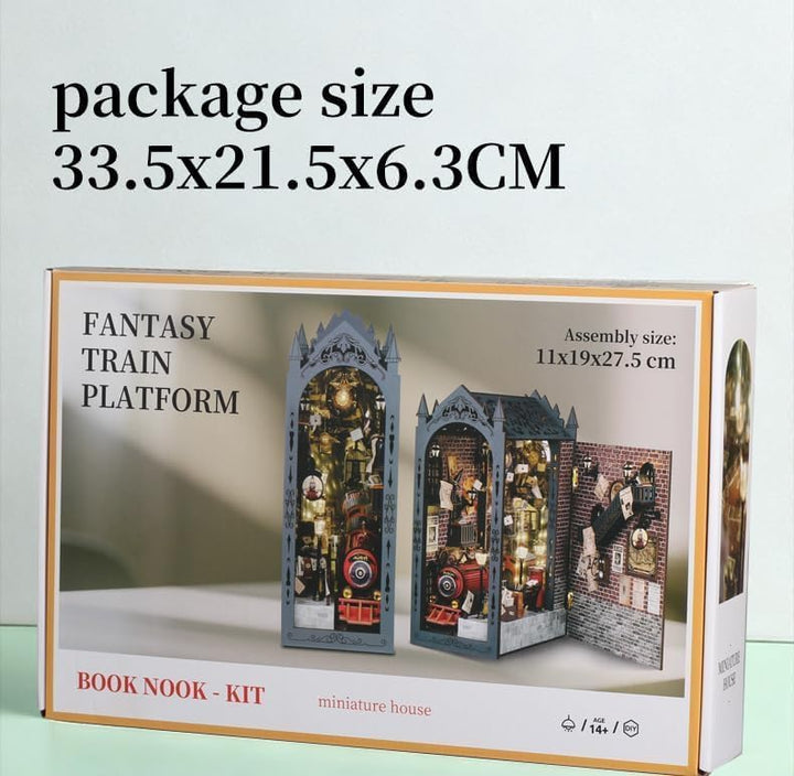 DIY Book Nook Kit, Magischer Bahnsteig Puppenhäuser Miniatur Haus Kit mit Staubschutzhülle LED-Licht