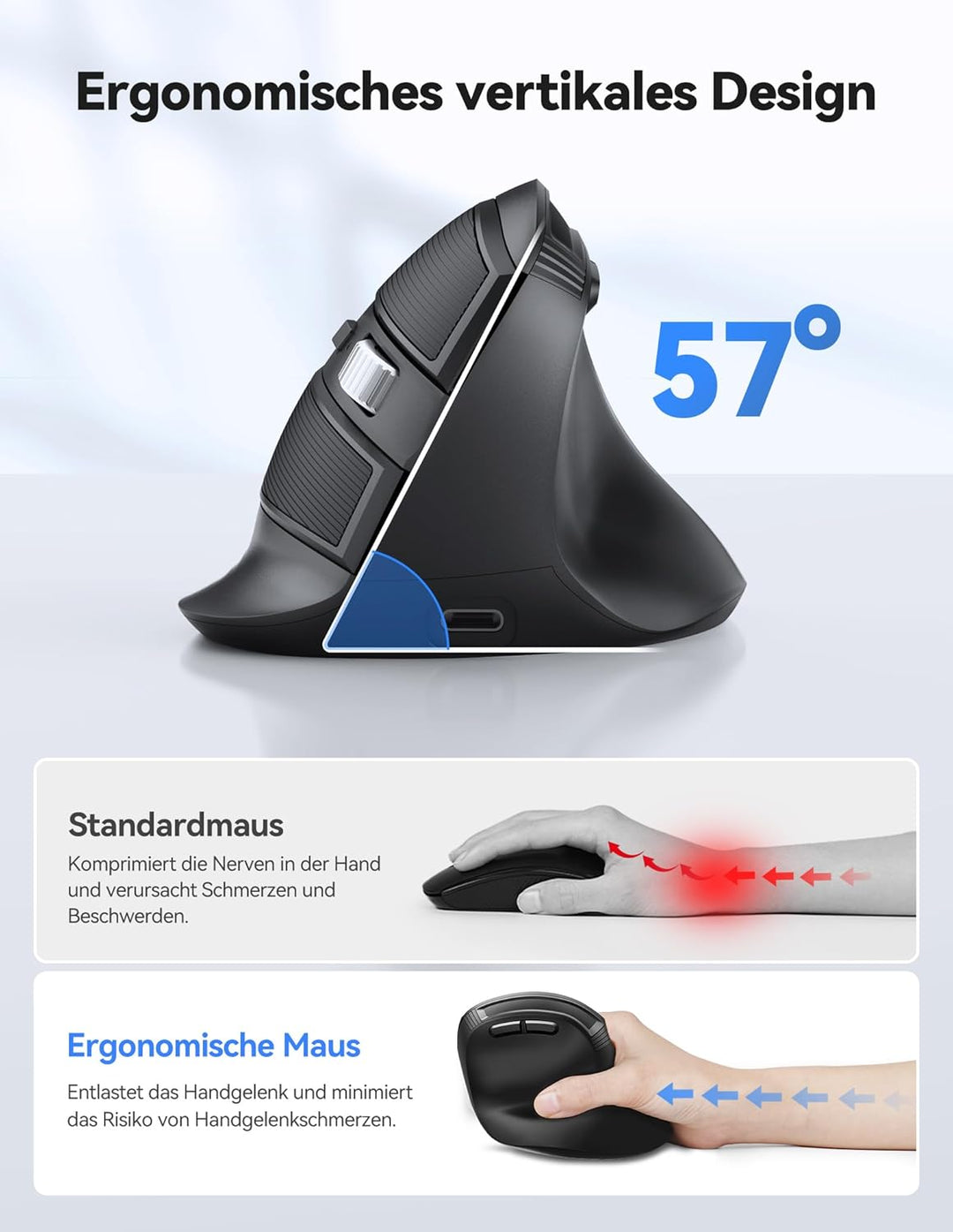 TECKNET Ergonomische Maus Bluetooth, 2.4G Wiederaufladbare Kabellos Vertikale Maus mit 4800 DPI, 3 G