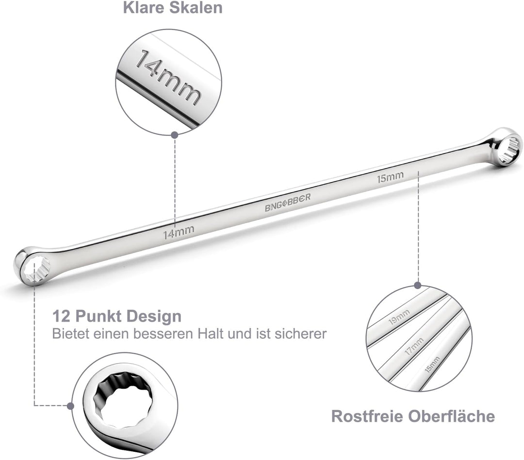 BINGCOBBER Doppel Ringschlüssel Satz,8-tlg Extra langer Schraubenschlüssel, CV-Stahl 8mm-24mm 8PCS 8