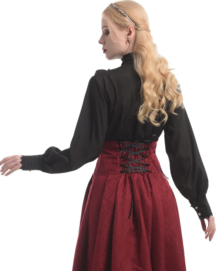 Fiamll Damen Viktorianisch Bluse Vintage Schleifenhemd Stehkragen mit Rüschen Langarmshirt Mittelalt