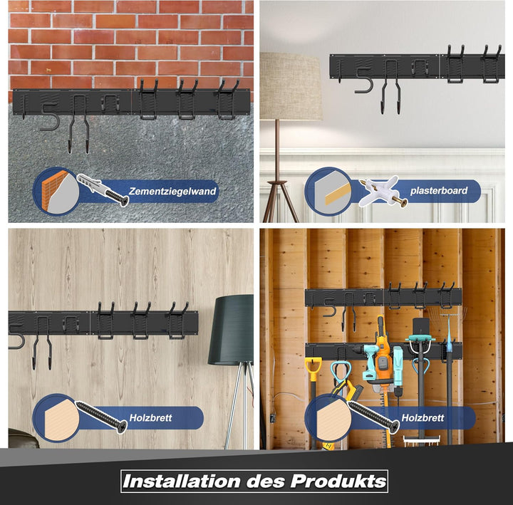 Werkzeug-Wandregal, verstellbar Wandhalterungen für Garage und Garten mit 6 Haken &amp; 2 Schienen, Hoch