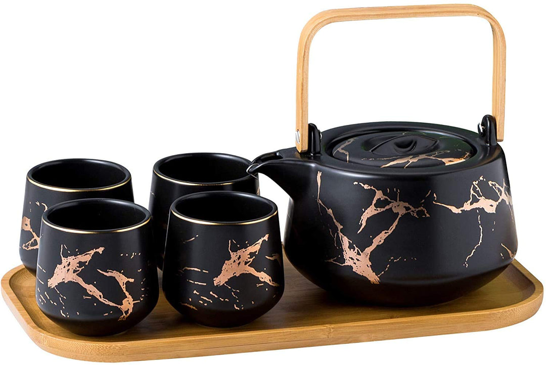 KKGUD Japanischer Stil, Keramik-Teeset, elegante Teekanne und 4 Teetassen mit Holztablett für Nachmi