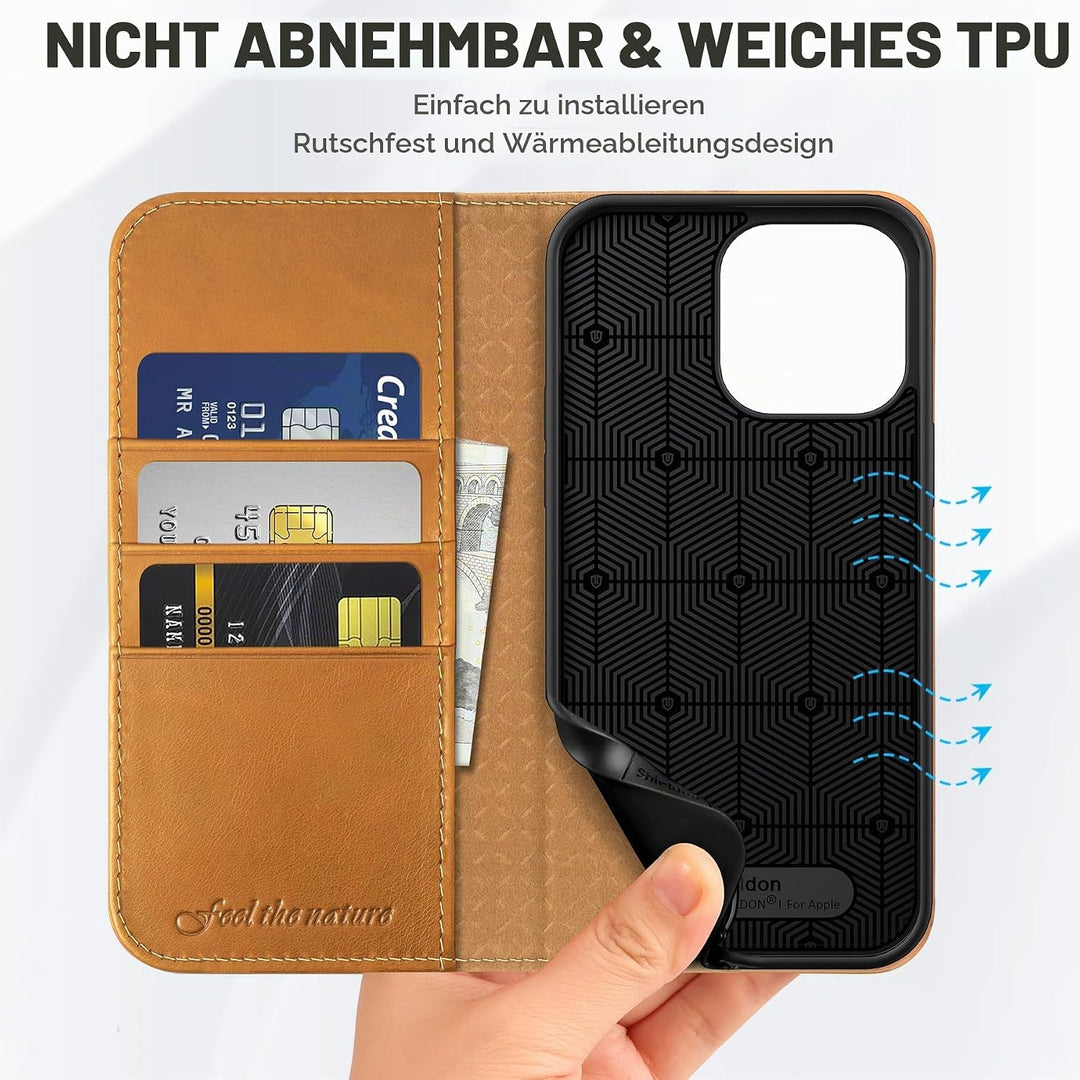 SHIELDON Hülle für iPhone 14 Pro Max Schutzhülle [Rindsleder] [Stossfest ] [Kartenfach] [Magnetversc