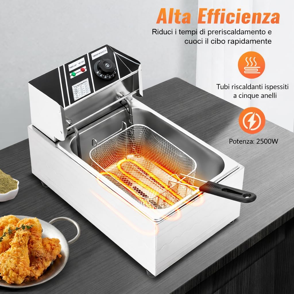 Elektrische Fritteuse 2500W Kommerzielle 6L Edelstahl Fritteuse mit Ölabtropfkorb und Deckel, Temper