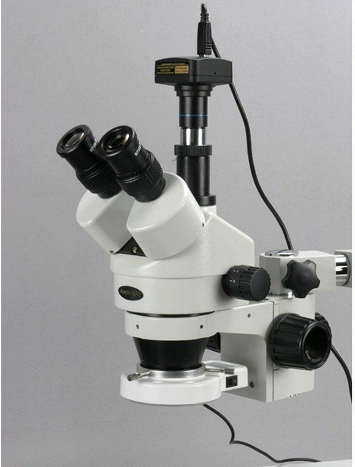 AmScope SM-3TZ-54S-5M Trinokulares LED Boom Ständer Stereomikroskop mit 5MP Kamera, 3.5X-90X, Weiss