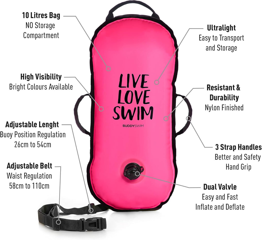Buddyswim Freiwasser-Schwimmboje 10 L für Überquerungen und Wettkämpfe. Nylon-Oberfläche, Ultraleich