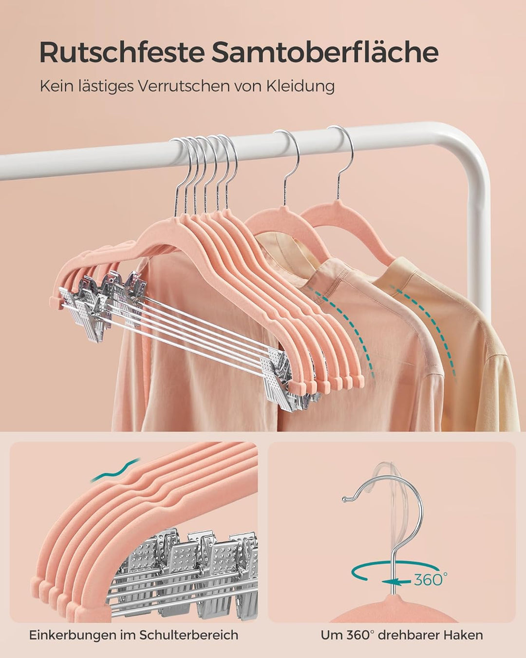 SONGMICS Kleiderbügel Samt, 10er Set, Rockbügel, 42,5 cm breit, mit verstellbaren Clips, rutschfest,