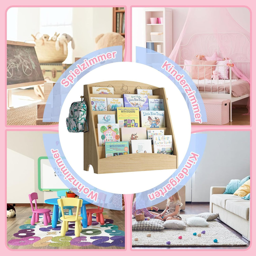 NACHES Kinder Bücherregal mit 5 offenen Fächern und Haken, Kinderregal Holz, Montessori Aufbewahrung