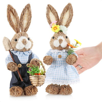 com-four® 2X Stroh Osterhase handgemacht - Deko-Osterhase zur Osterdekoration - Strohfiguren für Ost