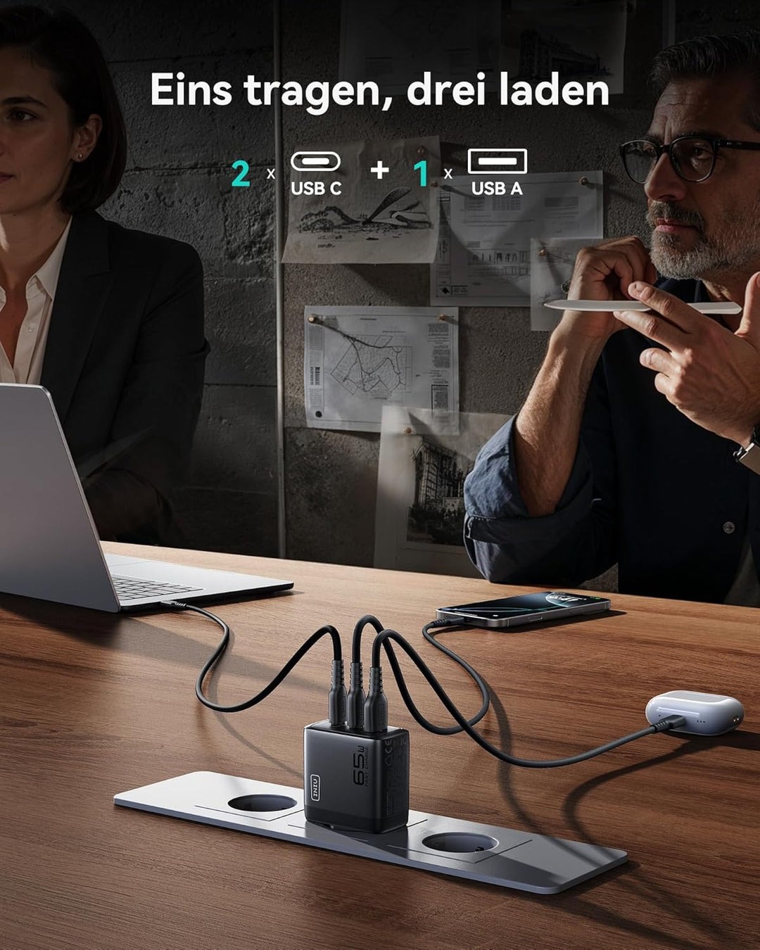 INIU 65W USB C Ladegerät, [USB-C * 2 + USB-A] Netzteil Mehrfach mit USB-C Kabel, PD 3.0 Schnellladeg