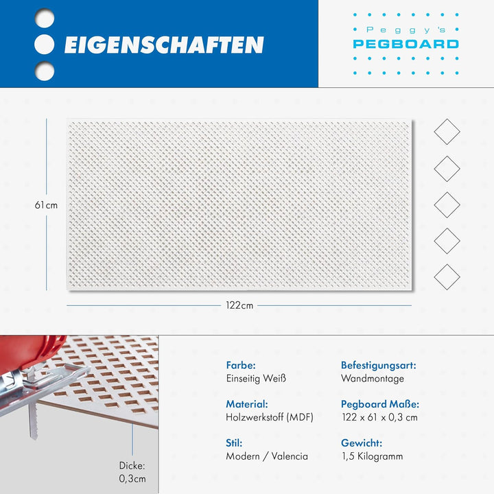 PEGBOARD - VALENCIA Lochwand 122 x 61 x 0,3 cm MDF Holzplatte weiss lackiert - Deutsches Produkt - H