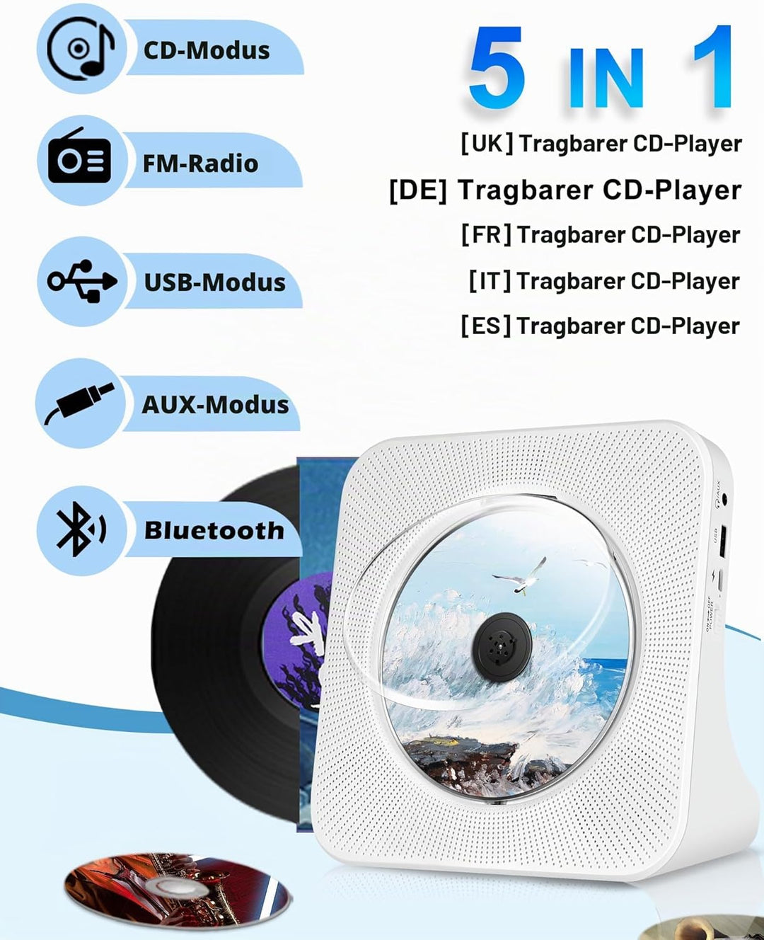 Wiederaufladbarer CD-Player Tragbare, Bluetooth CD-Player mit USB, AUX, FM Radio CD Player mit Gutem