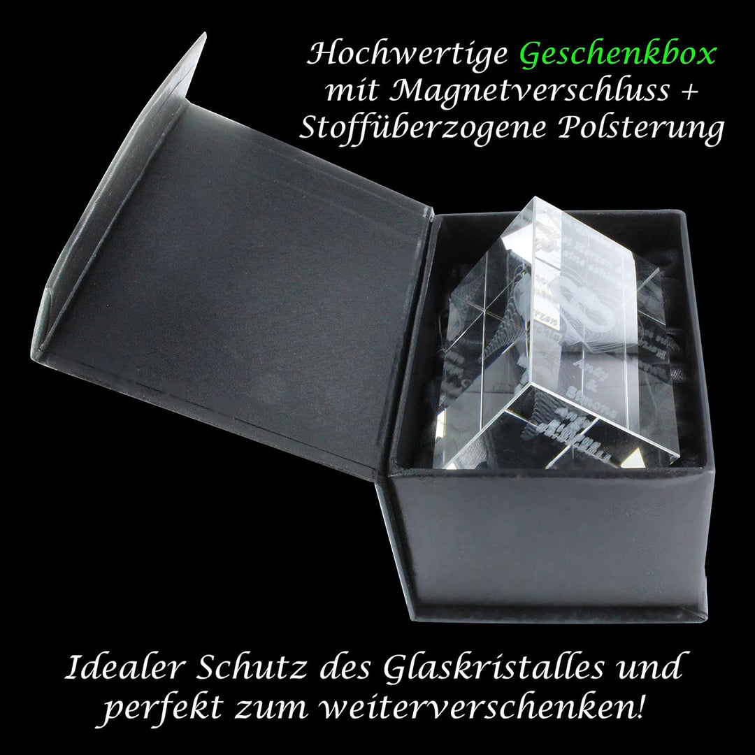 VIP-LASER 3D Glas Kristall Quader Verziertes Herz und Deinen Namen + Datum graviert! Das persönliche