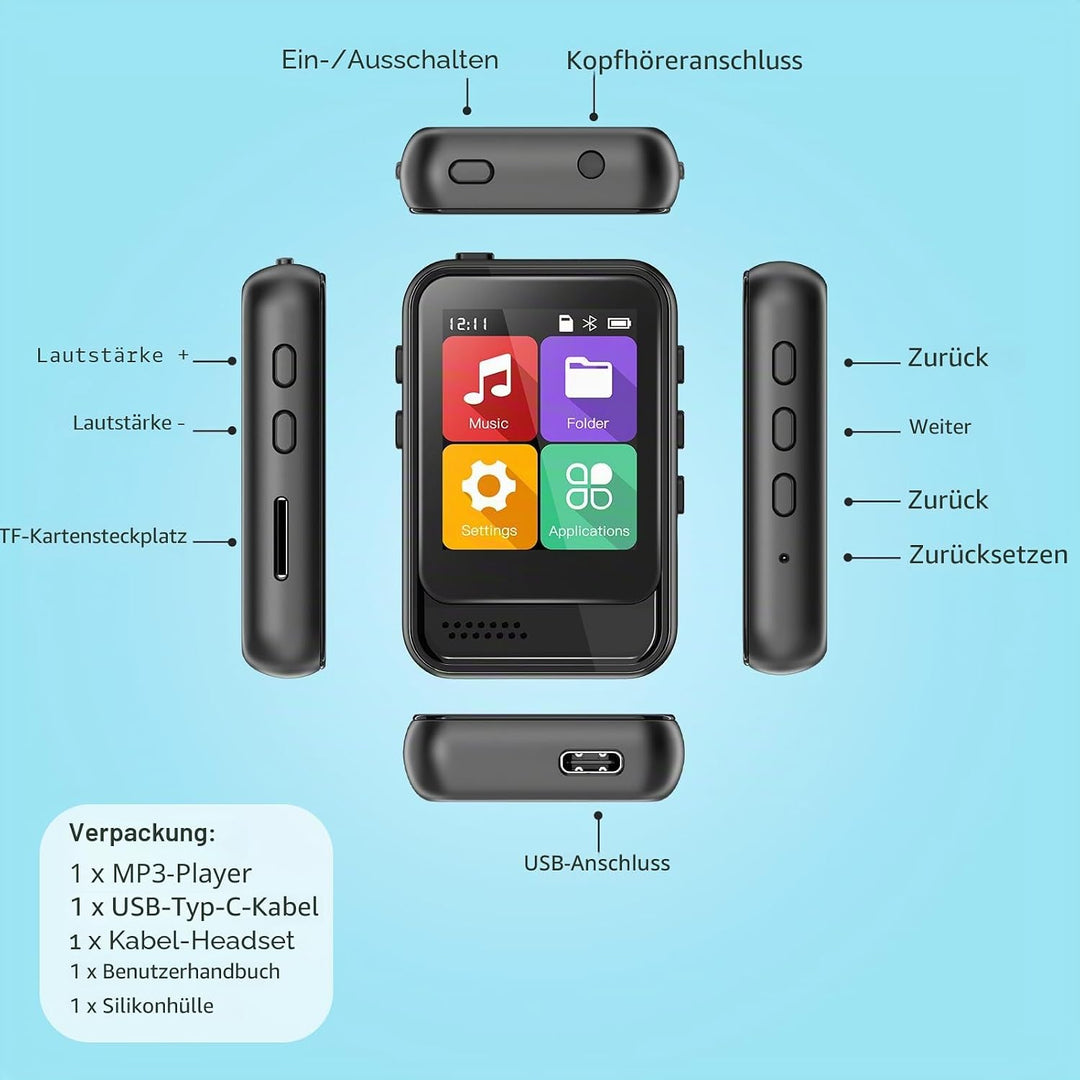 QNGEE Bluetooth-MP3-Player, tragbarer Musik-Player mit 16 GB internem Speicher, unterstützt FM-Radio