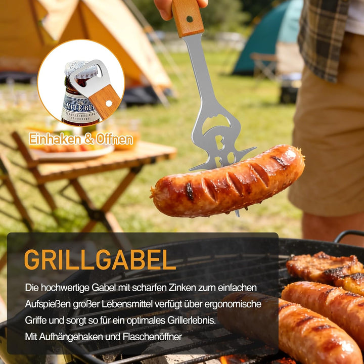Grillbesteck-Set 3-TLG Aufhänge-Ösen, Grillzubehör mit Grillzange, Grillwender, Fleischgabel, Extra