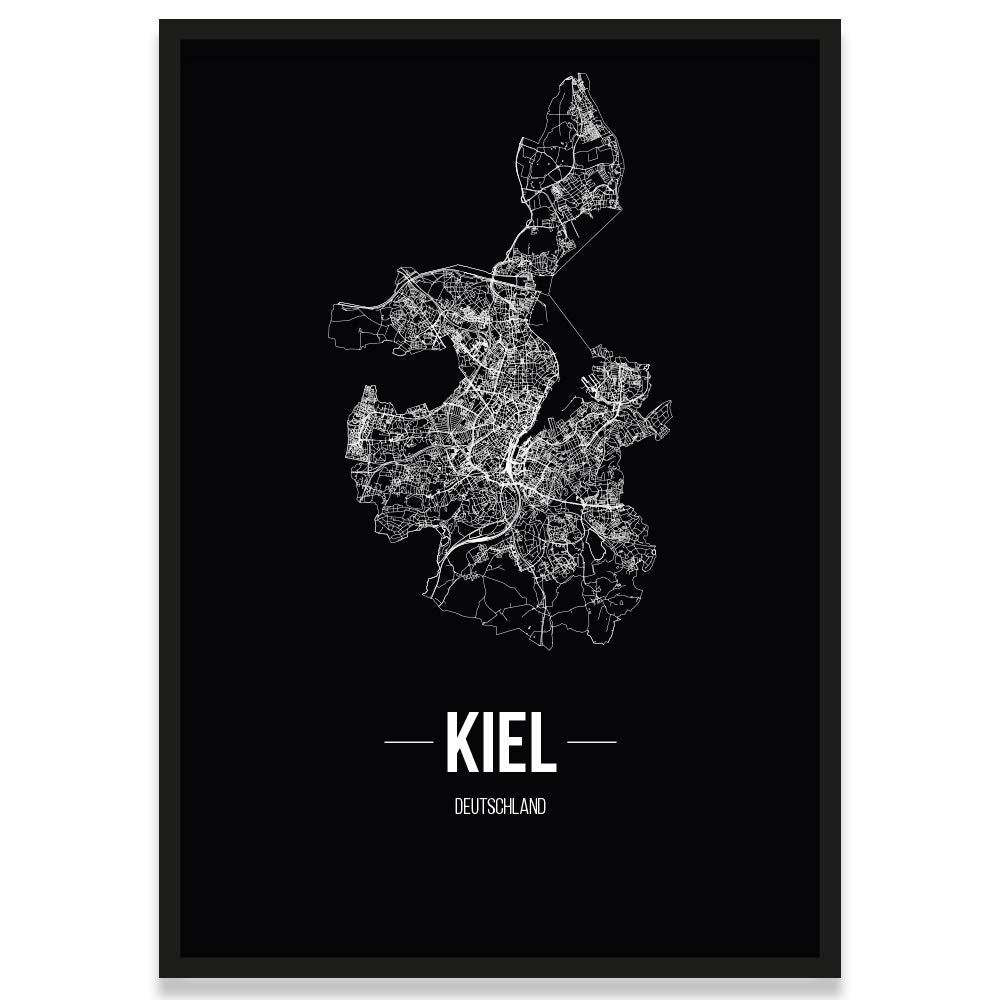 JUNIWORDS Stadtposter, Kiel, Wähle eine Grösse, 21 x 30 cm, Poster mit Rahmen, Schrift B, Schwarz 21