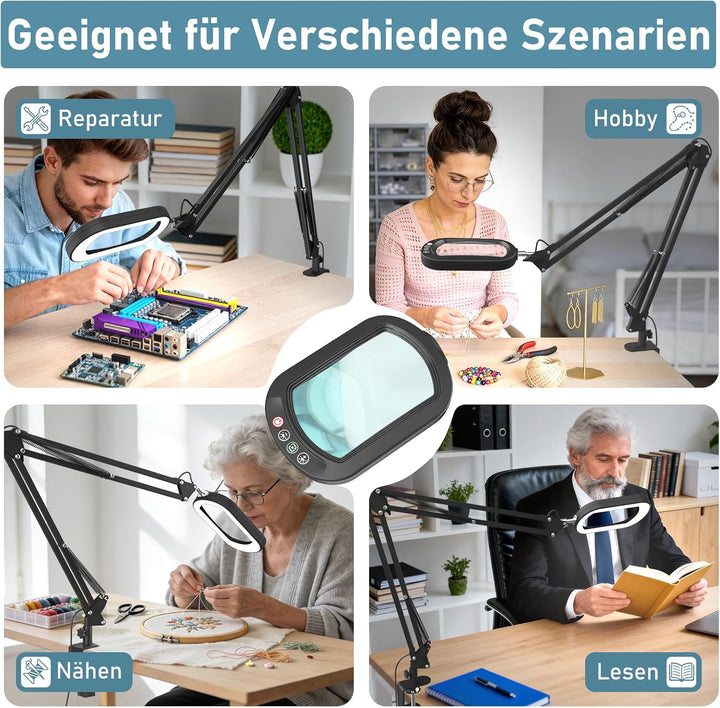 Veemagni 10X Echtes Glas Rechteckige Lupe mit Licht und Klemme, 5 Farbmodi Stufenlos Dimmen, 2 * 16