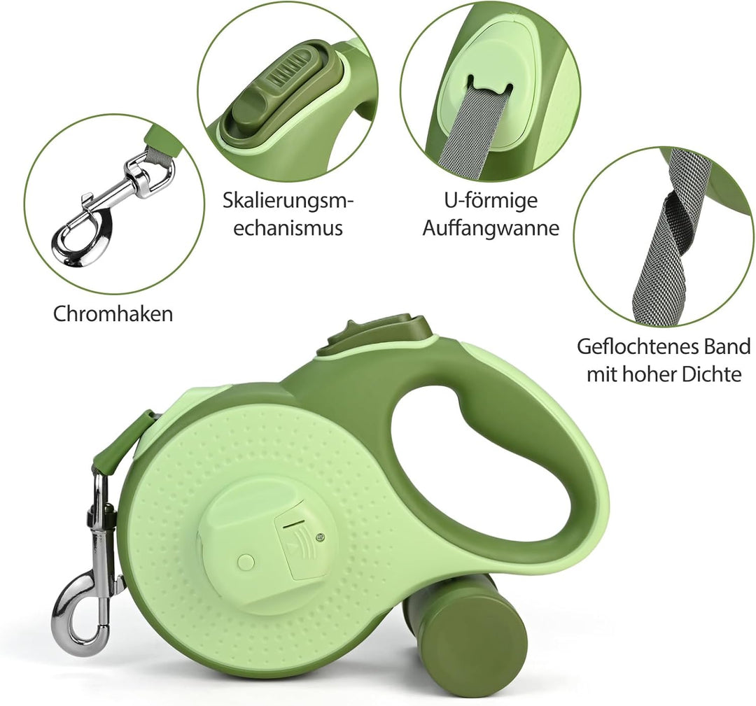 Hundeleine 8M - Hunde Leine Rollleine mit LED-Licht und Kottaschenhalter, Verknotungsfrei Leine, Sch