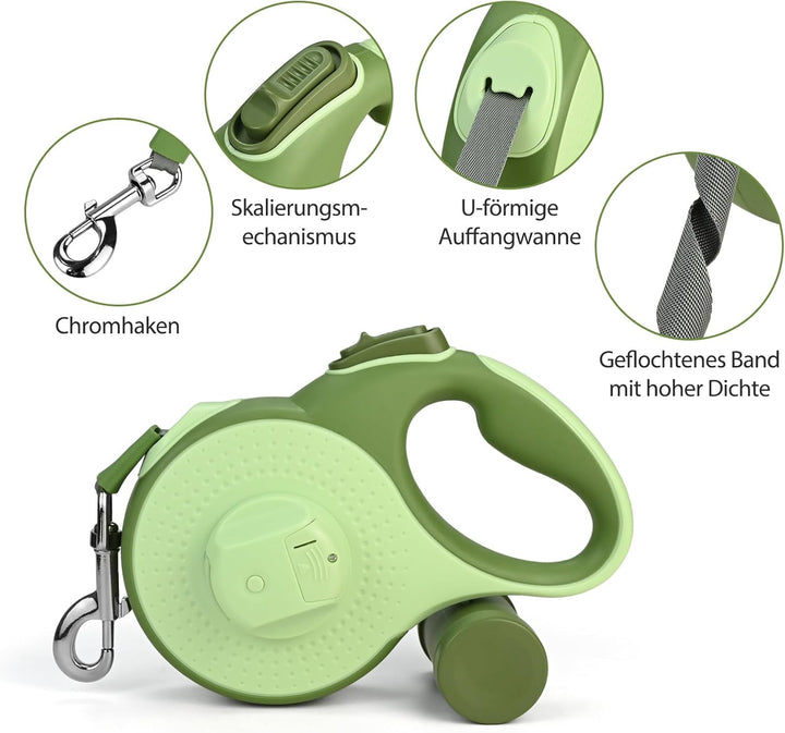 Hundeleine 8M - Hunde Leine Rollleine mit LED-Licht und Kottaschenhalter, Verknotungsfrei Leine, Sch