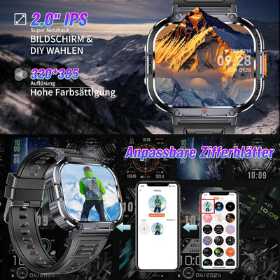 Smartwatch Herren mit Telefonfunktion, 2.0" HD Militär Uhr mit LED Taschenlampe/IP68 Wasserdicht, 10