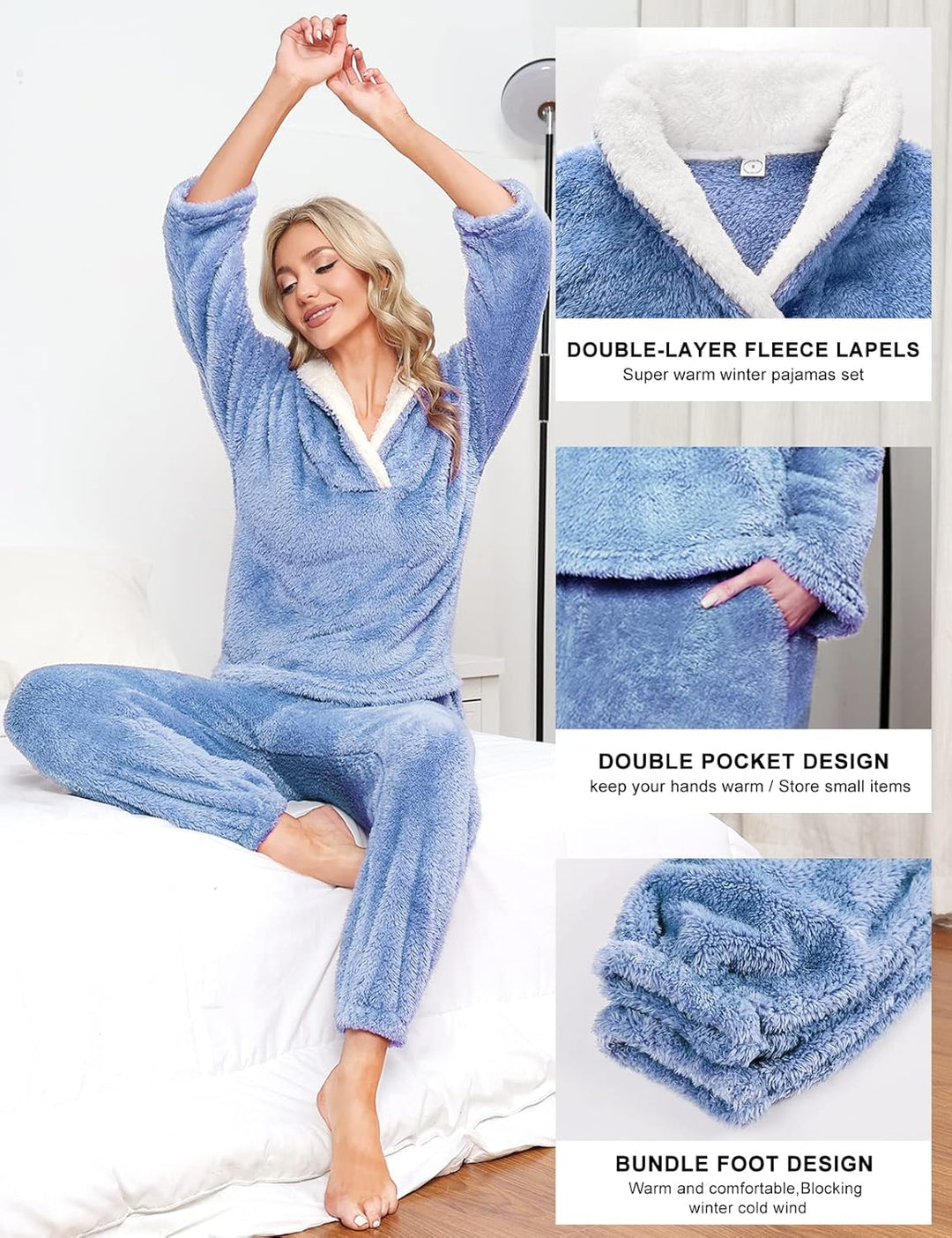 Schlafanzug Damen Winter Thermo Pyjama Set Langarm Fleece Nachtwäsche Set Weicher Warmer Heim Lounge