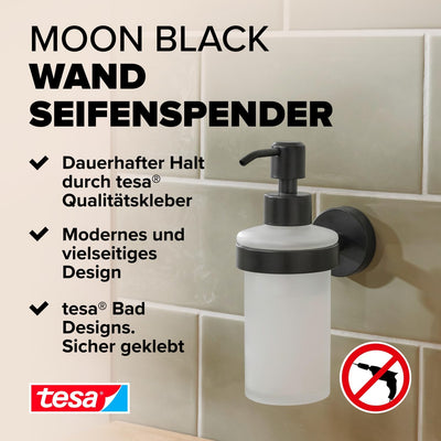 tesa Moon Black Seifenspender, matt schwarz, Pumpspender aus satiniertem Glas, 200 ml - für Bäder im