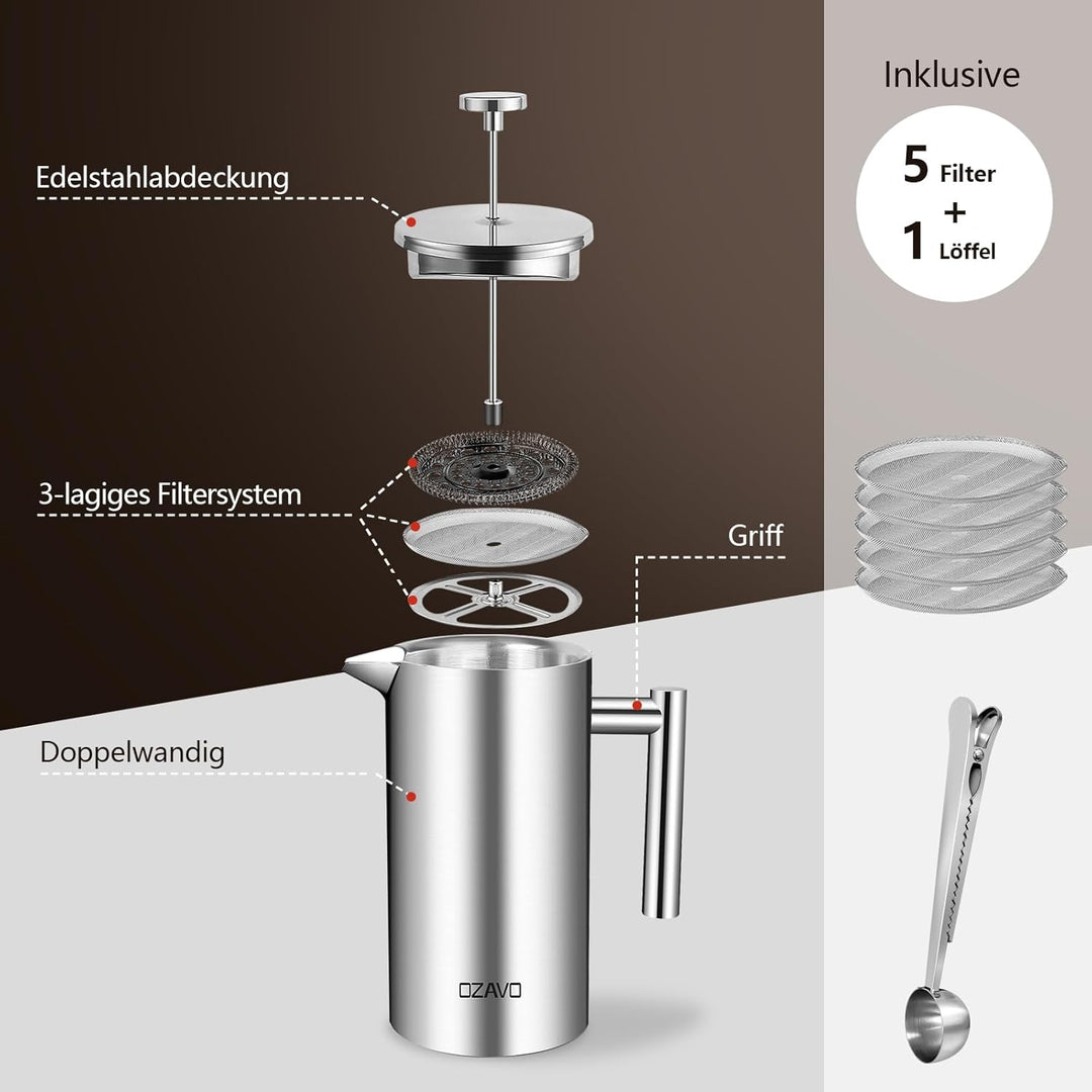 Kaffeebereiter, French Press 1000ML mit 5 Ersatzfilter und 1 Löffel, Doppelwandige Edelstahl Kaffeek