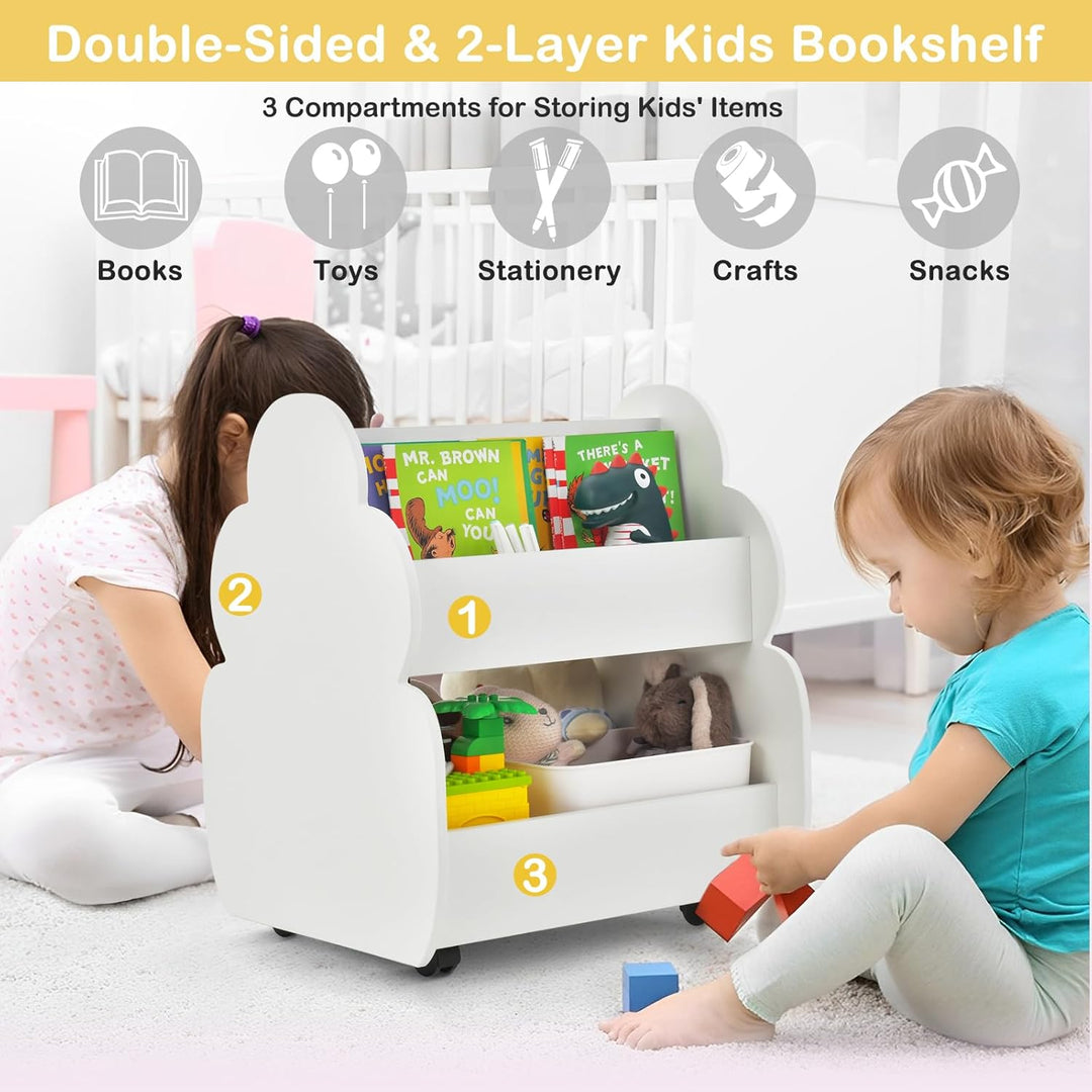 HOMASIS Kinder Bücherregal Spielzeugregal mit 2 Fächern, Holz Kinderregal Standregal mit 4 Rädern, n