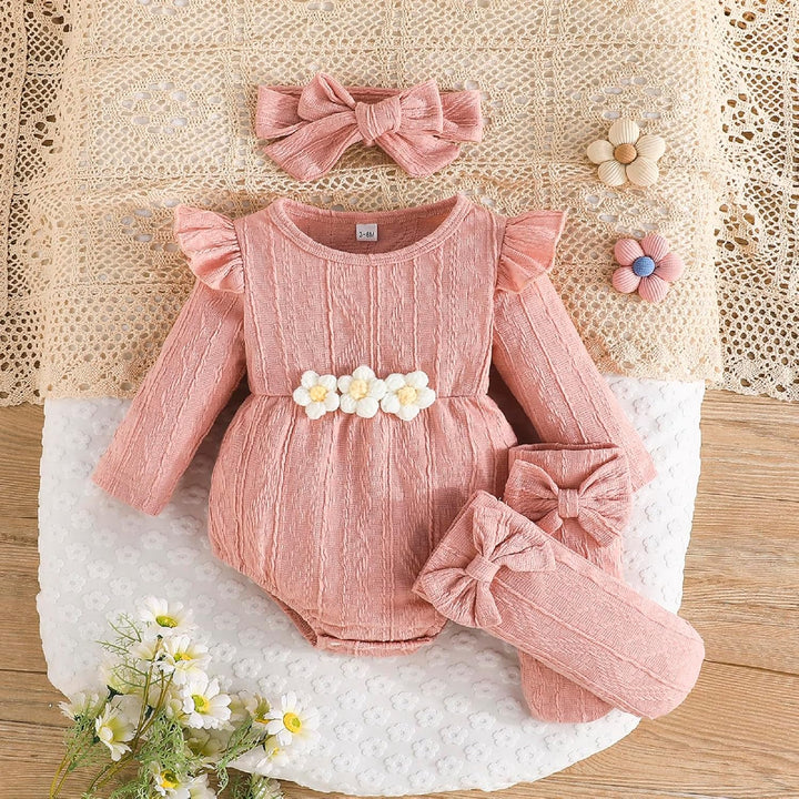 Kunyeah 3Pcs Baby Mädchen Outfits Kleinkind Ruffle Strampler Langarm Bodysuit+Bow Haarband+Socken Ne