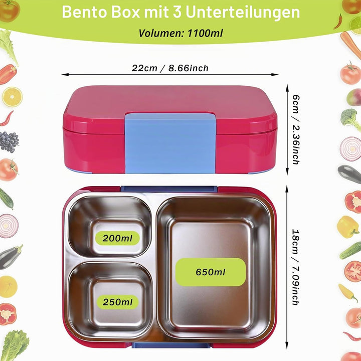 Brotdose Edelstahl-Lunchbox 1100ml 3 Fächern Rosenrot | Für Kinder und Erwachsene, Auslaufsicher, Mi