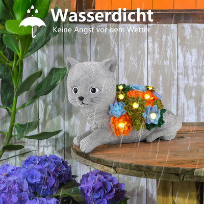 YIKEDAN Solar Gartenfiguren Katze mit Sukkulenten und 7 LED Leuchten, Gartendeko für Draussen, Harz