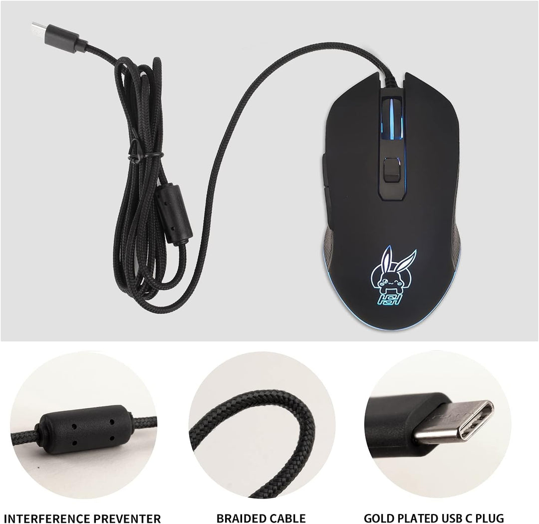 IULONEE Kabelgebundene Gaming-Maus USB C geräuscharmes Klicken 7 Farben Hintergrundbeleuchtung optis