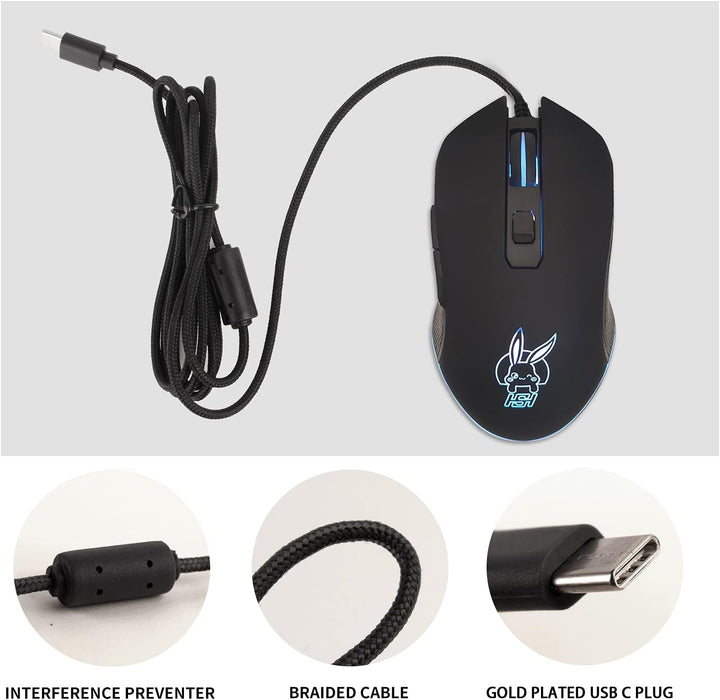 IULONEE Kabelgebundene Gaming-Maus USB C geräuscharmes Klicken 7 Farben Hintergrundbeleuchtung optis