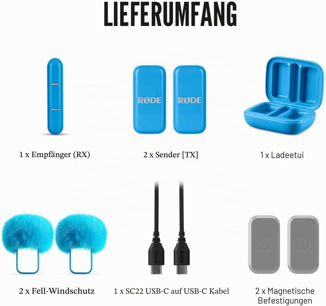 Rode Wireless Micro Drahtloses Mikrofon-System USB-C Blau mit Interview Micro Handadapter Blau und k