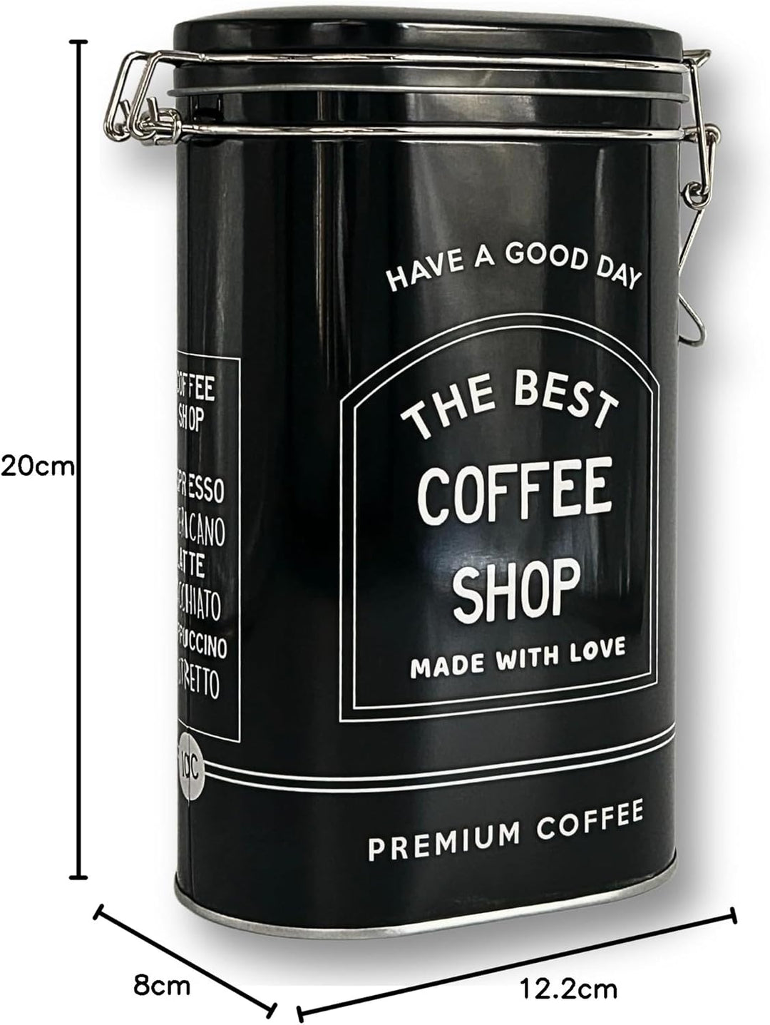 MediMuc Vorratsdose Kaffeedose Teedose oval lackiert schwarz mit weisser Schrift mit Bügelverschluss