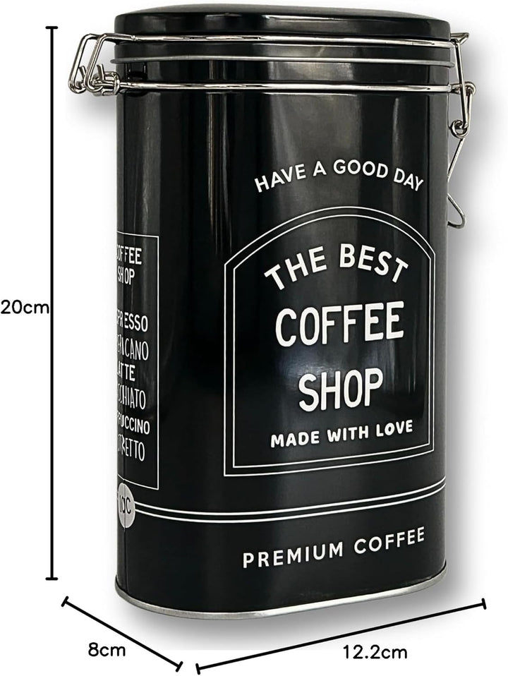 MediMuc Vorratsdose Kaffeedose Teedose oval lackiert schwarz mit weisser Schrift mit Bügelverschluss