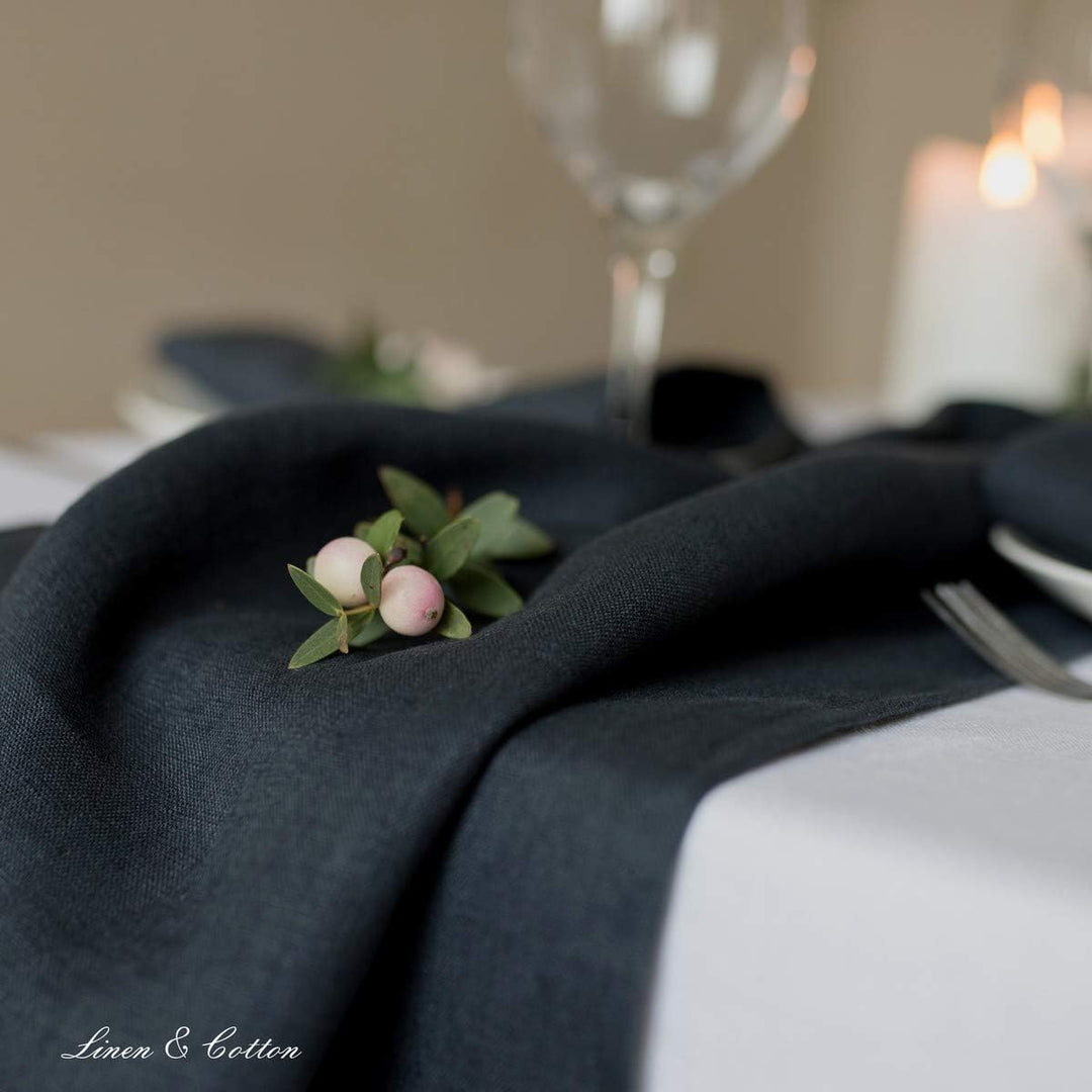 Linen &amp; Cotton Tischläufer Stoff Tischband Tischdeko Hygge 100% Leinen, Schwarz (40 x 300 cm) Lang L