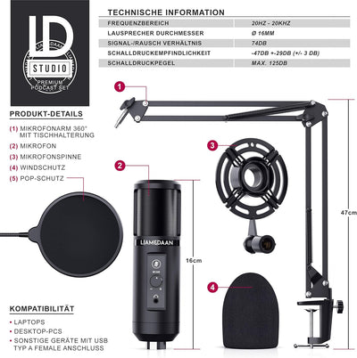 CSL - Kondensatormikrofon USB mit Mikrofonarm - Studiomikrofon Set - Mikrofon mit Mikrofonarm, Spinn