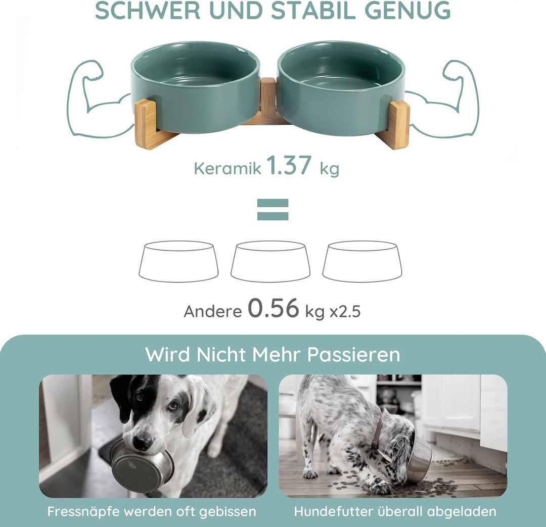 SPUNKYJUNKY Keramik Doppel Futternapf mit Bambus Ständer für Katzen und Hunde (400ml, Grün) Türkis D