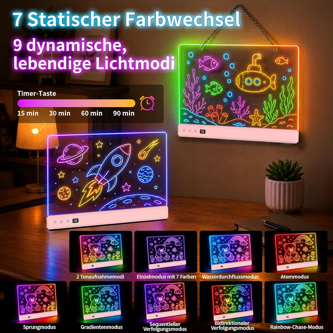 TOHETO LED Zeichenbrett für Kinder, 16 Zoll Wiederaufladbare Doodle Tafel, Neon-Trockenlöschtafel mi