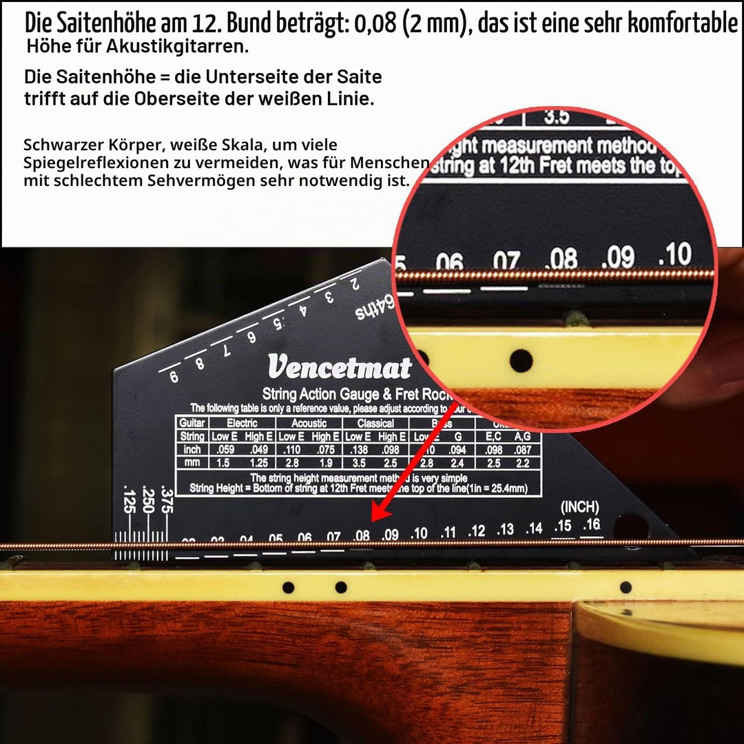 Gitarren-Saiten-Action-Messgerät, Saitenhöhenlineal, Gitarren-Bundwippe, Bund-Nivellierführung, Buzz