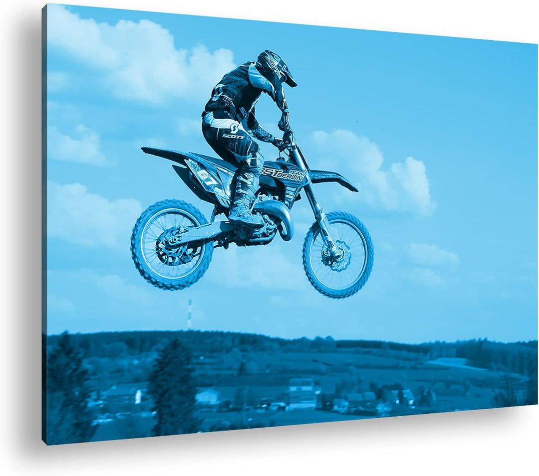 deyoli Motocross Stunt Format 80x60 Effekt: Monocrome Blau als Leinwandbild, Motiv fertig gerahmt au