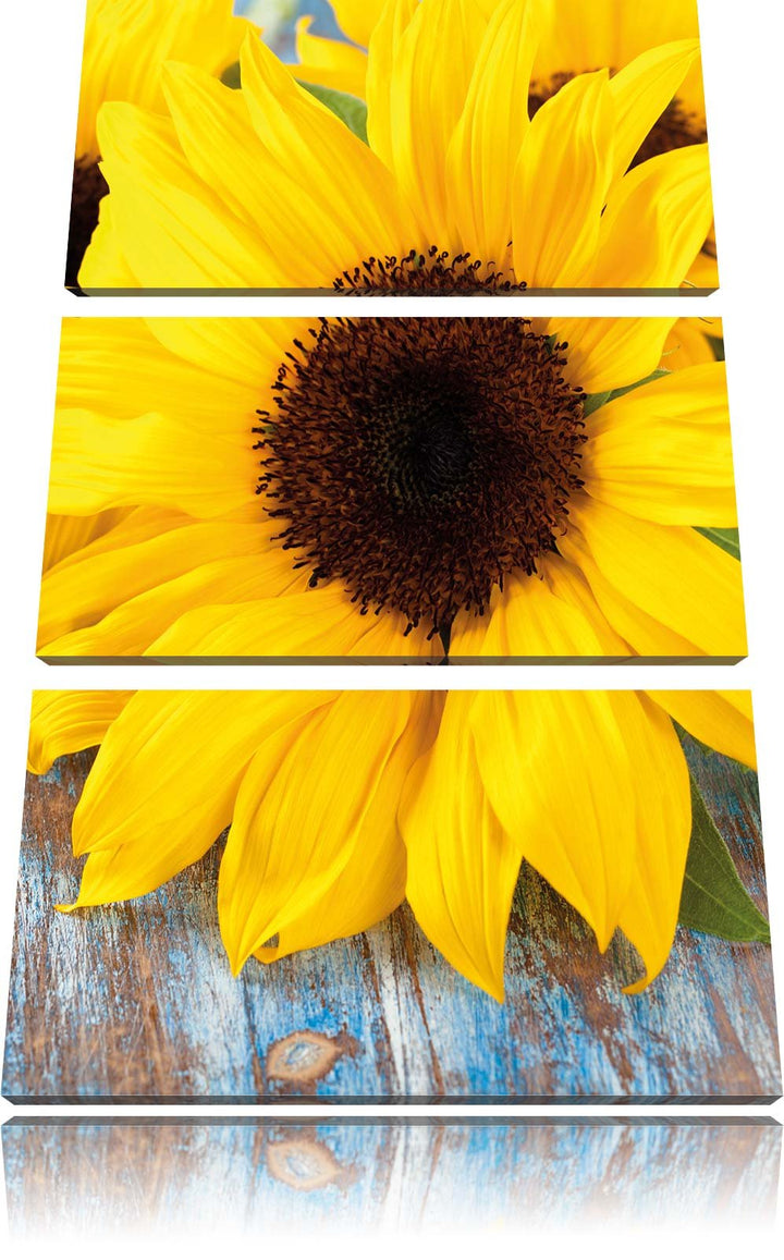 Pixxprint Sonnenblumen auf Holztisch als Leinwandbild/Grösse: 3 Teilig (120x80) / Wandbild/Kunstdruc