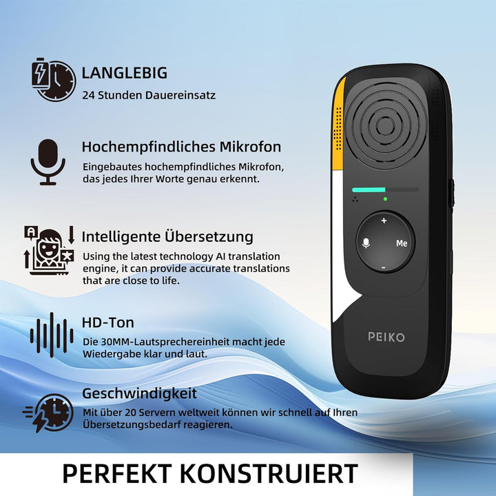 Peiko Sprachübersetzer Gerät – KI-Echtzeit-Übersetzer mit 75 Sprachen & 136 Akzenten, Zwei-Wege-Offl