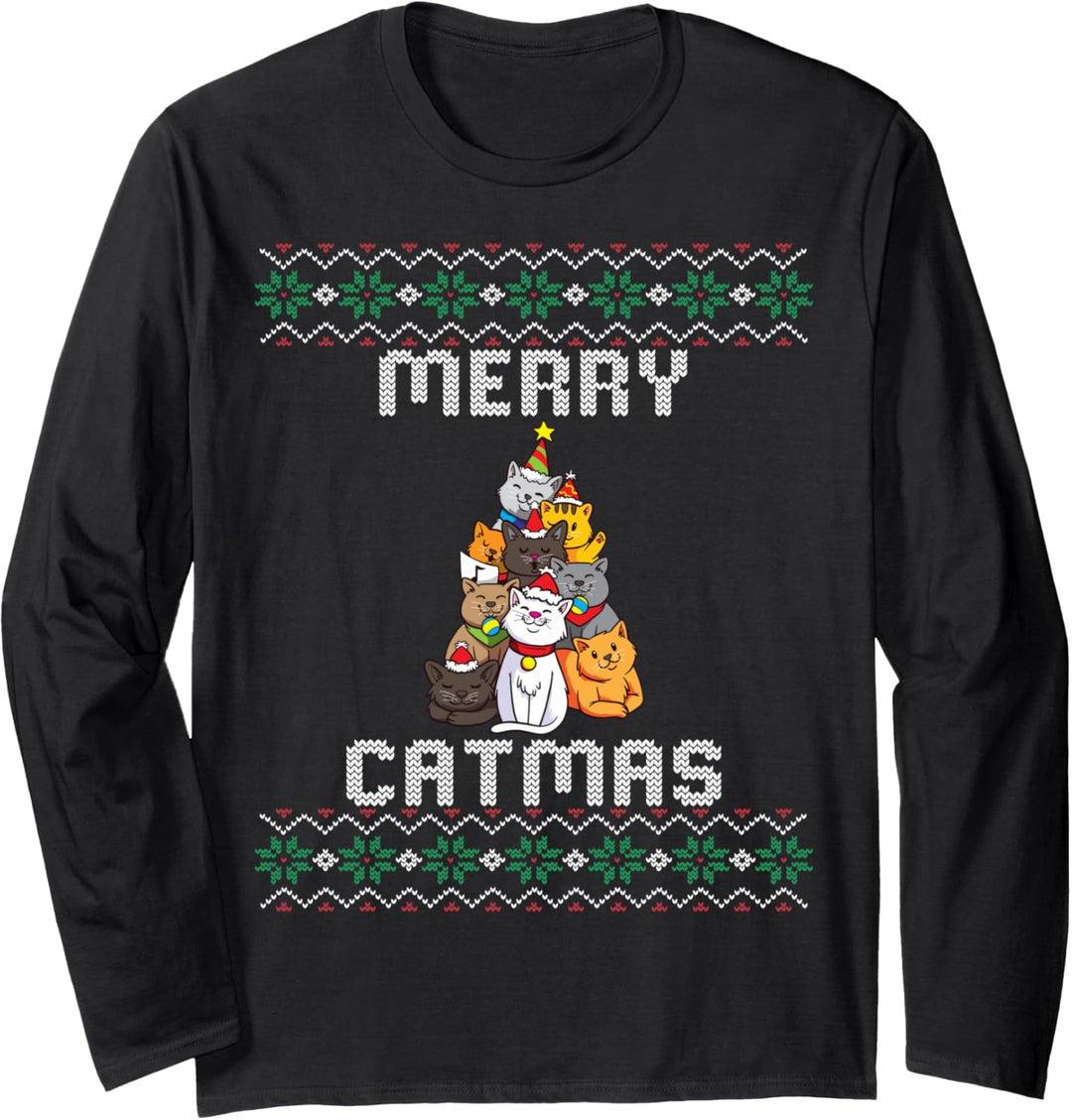 Ugly Christmas Sweater Katze Merry Catmas Weihnachten Katzen Langarmshirt